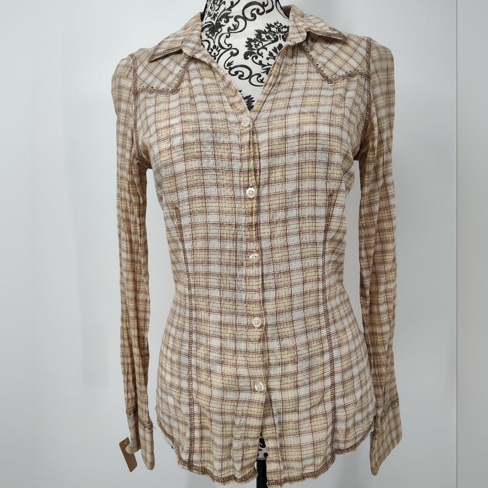 Girl Krazy Classic Beige Plaid Long Sleeve Button-Down Shirt Size Women's Medium
